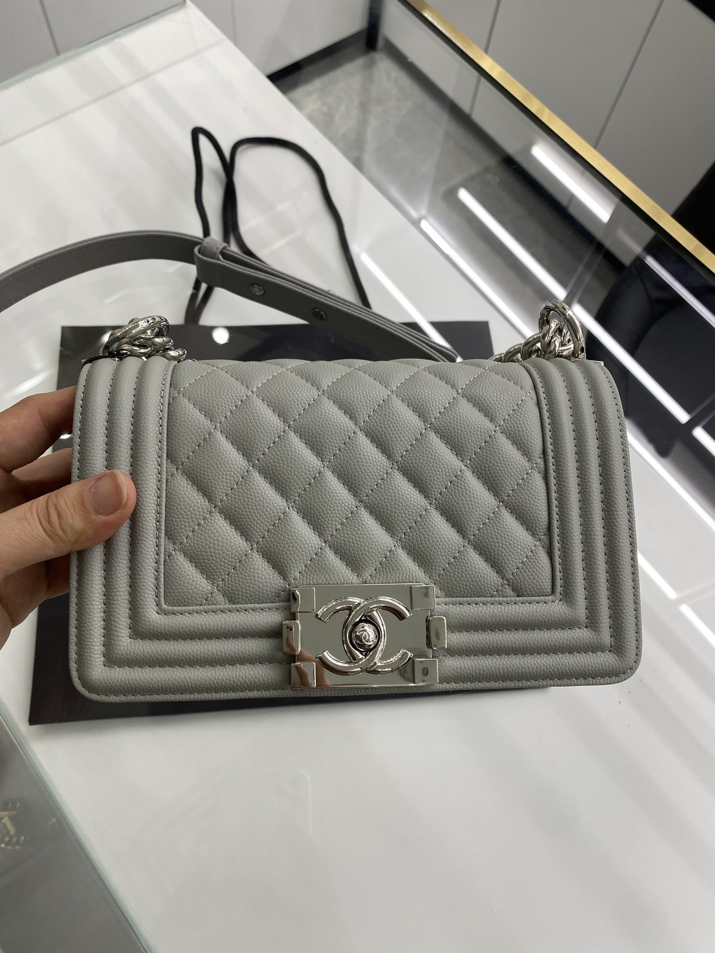 Chanel quilted caviar leboy . Grey silver hardware – Rock Lux Bags